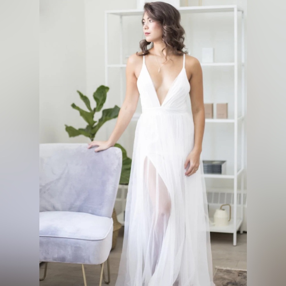 Navy blue long prom dress, mesh fabric, 2 leg slits, V-neck